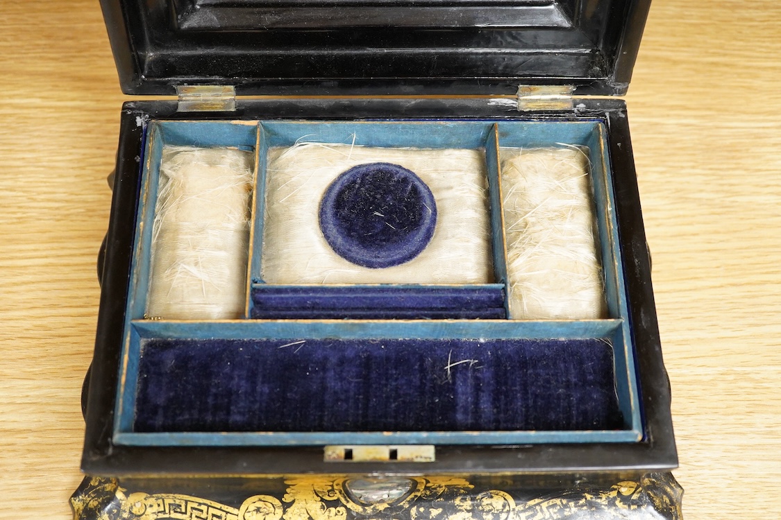 A Victorian papier maché jewellery box, abalone inlaid, 25cm wide